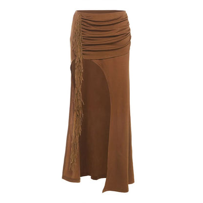 Slit irregular ruched solid maxi skirt