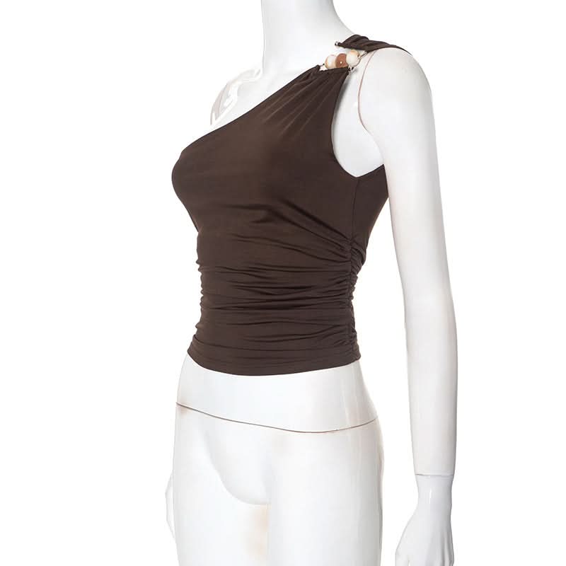One shoulder irregular ruched beaded solid top