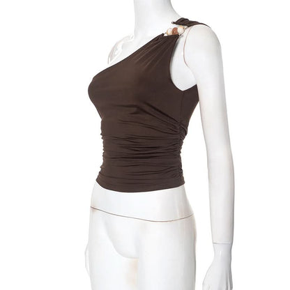 One shoulder irregular ruched beaded solid top