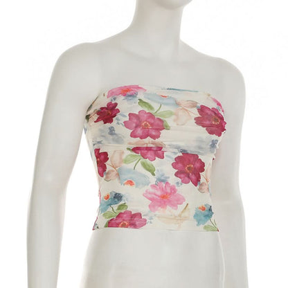Ruched flower print backless tube top