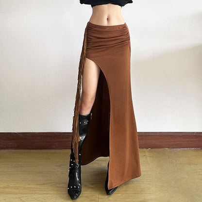 Slit irregular ruched solid maxi skirt