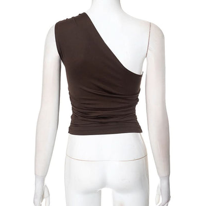 One shoulder irregular ruched beaded solid top