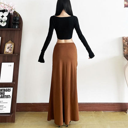 Slit irregular ruched solid maxi skirt