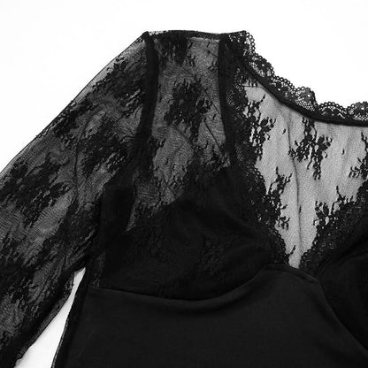 Long sleeve v neck lace hem mesh solid top