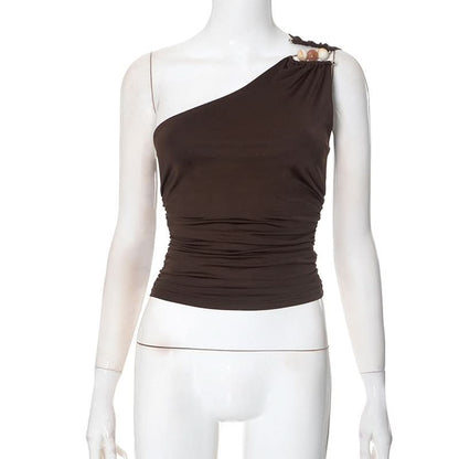 One shoulder irregular ruched beaded solid top