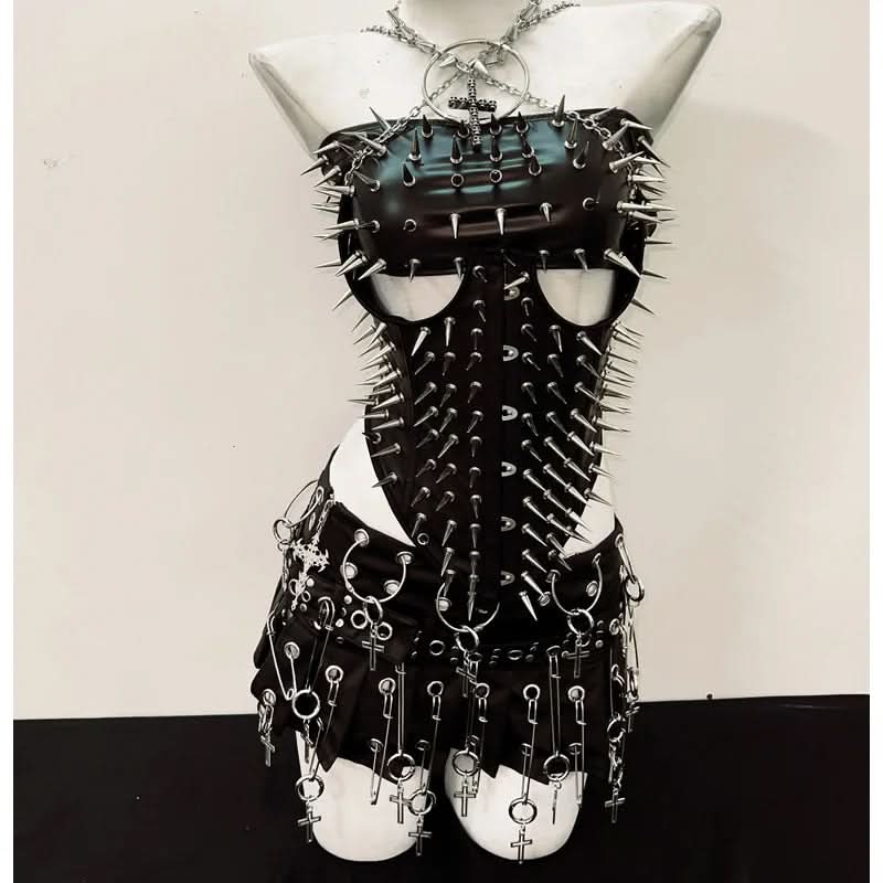 Metal chain rivet applique corset pleated mini skirt set
