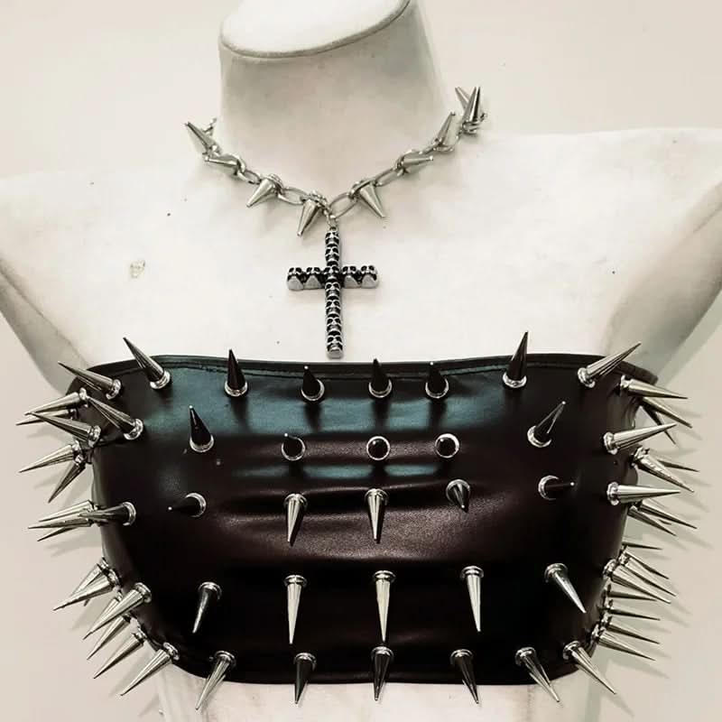 Metal chain rivet applique corset pleated mini skirt set