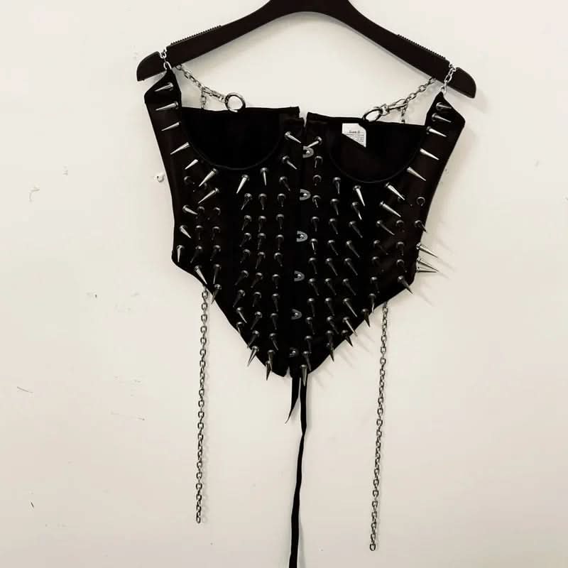 Metal chain rivet applique corset pleated mini skirt set