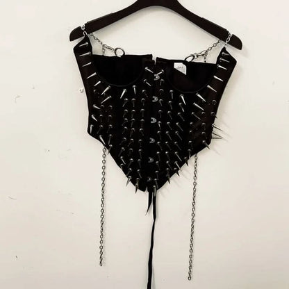 Metal chain rivet applique corset pleated mini skirt set