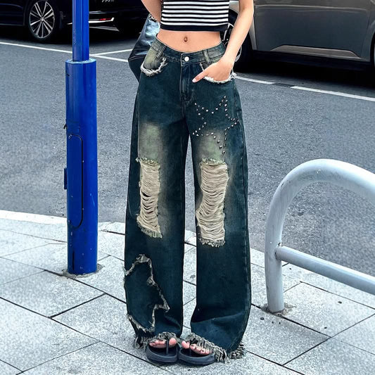 Star rivet pattern raw hem jeans