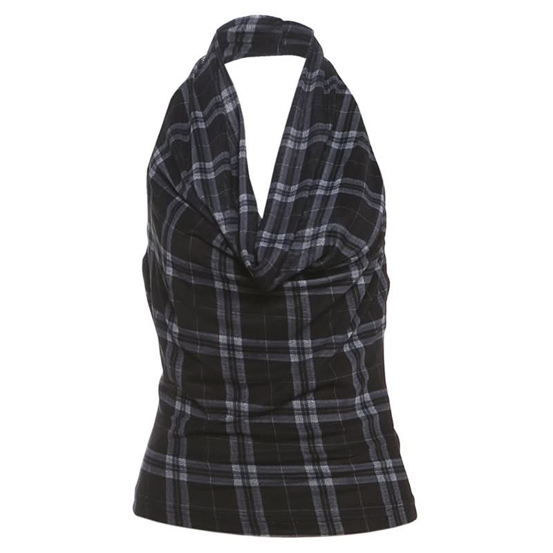 Halter cowl neck plaid backless top