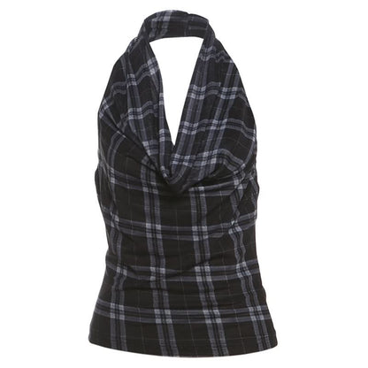 Halter cowl neck plaid backless top