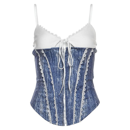 V neck lace hem self tie cami top