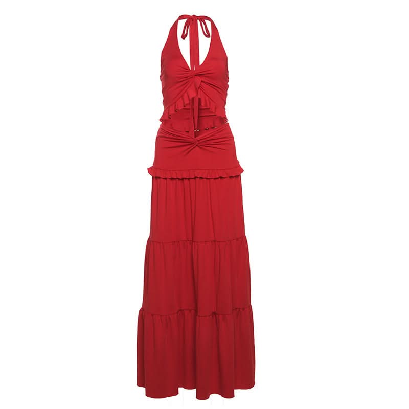 Halter ruffle backless solid maxi skirt set