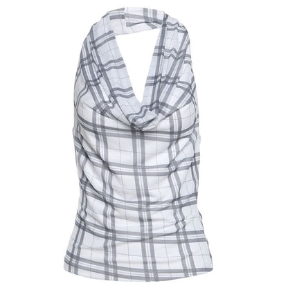 Halter cowl neck plaid backless top