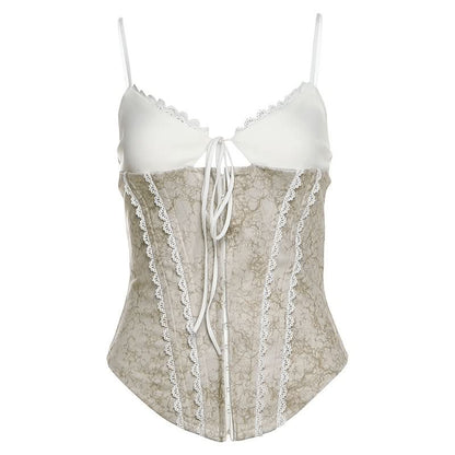 V neck lace hem self tie cami top