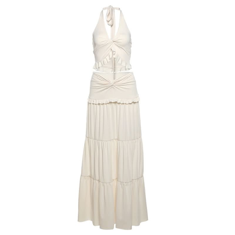 Halter ruffle backless solid maxi skirt set