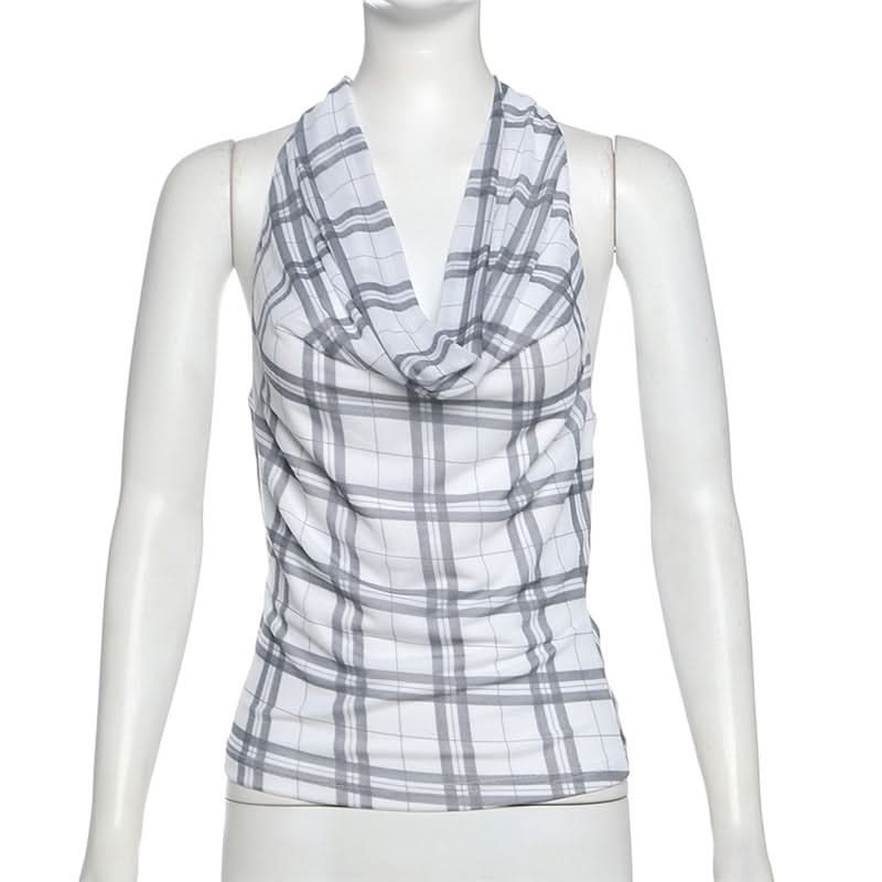 Halter cowl neck plaid backless top