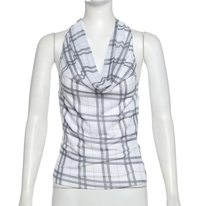 Halter cowl neck plaid backless top