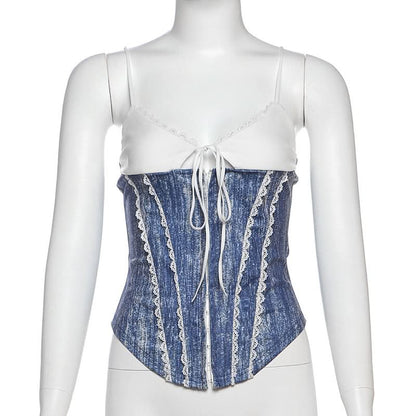 V neck lace hem self tie cami top