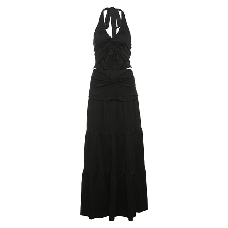 Halter ruffle backless solid maxi skirt set