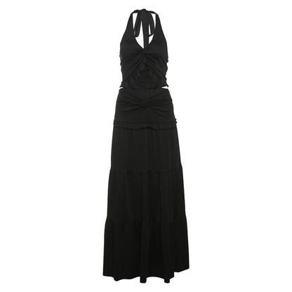 Halter ruffle backless solid maxi skirt set
