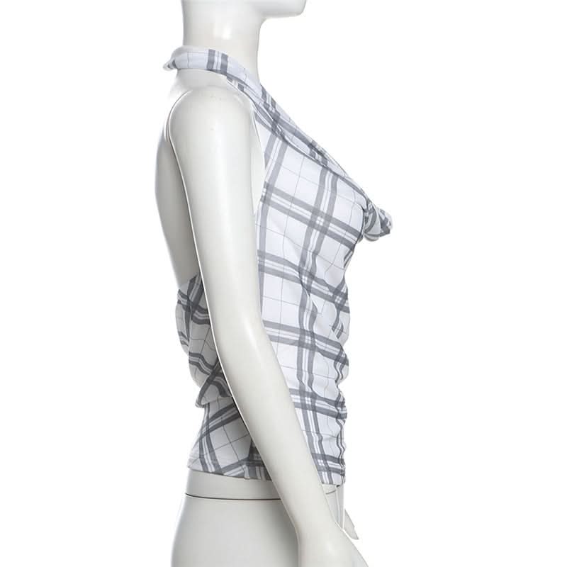 Halter cowl neck plaid backless top