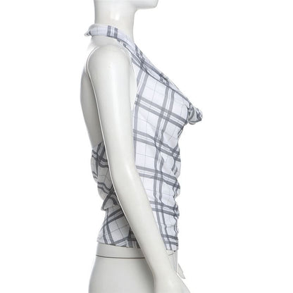 Halter cowl neck plaid backless top