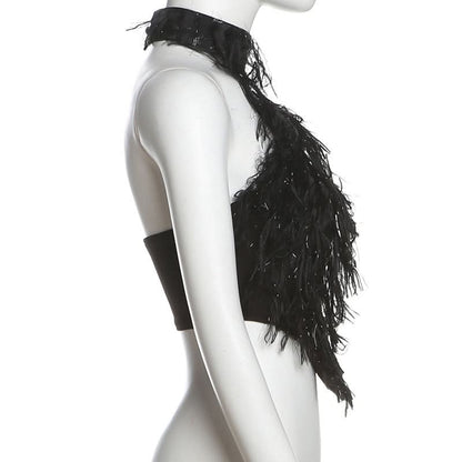 Halter fluffy backless crop top