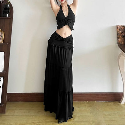 Halter ruffle backless solid maxi skirt set