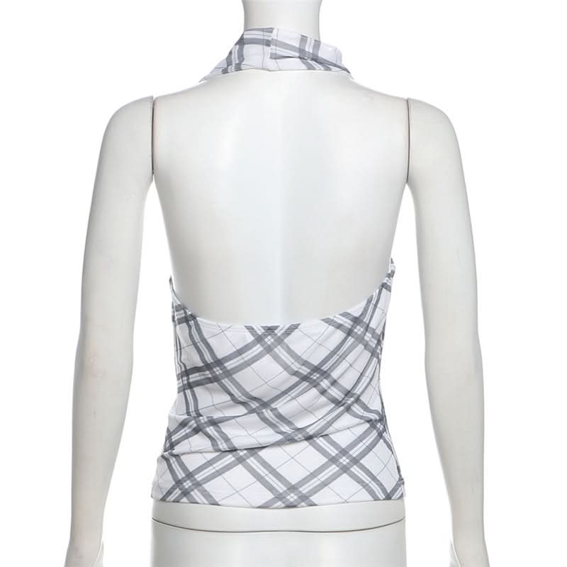 Halter cowl neck plaid backless top