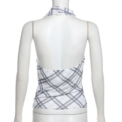 Halter cowl neck plaid backless top