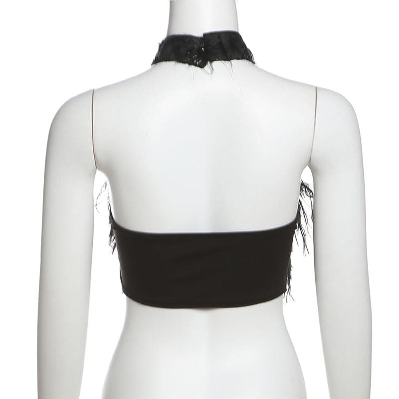 Halter fluffy backless crop top