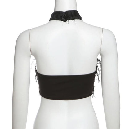 Halter fluffy backless crop top