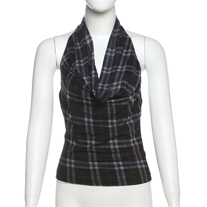 Halter cowl neck plaid backless top