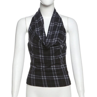 Halter cowl neck plaid backless top