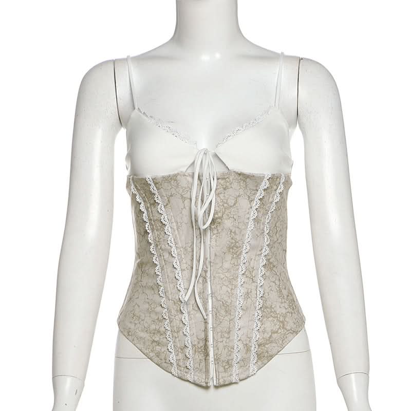 V neck lace hem self tie cami top