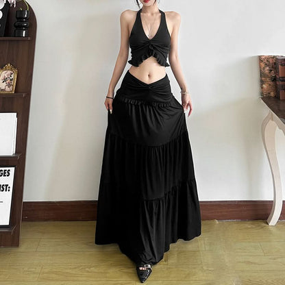 Halter ruffle backless solid maxi skirt set