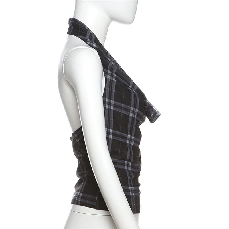 Halter cowl neck plaid backless top