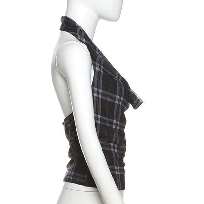 Halter cowl neck plaid backless top