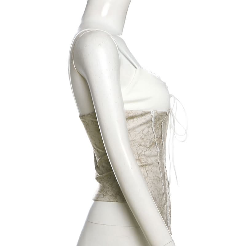 V neck lace hem self tie cami top