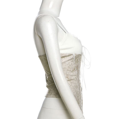 V neck lace hem self tie cami top