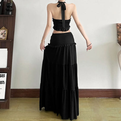 Halter ruffle backless solid maxi skirt set