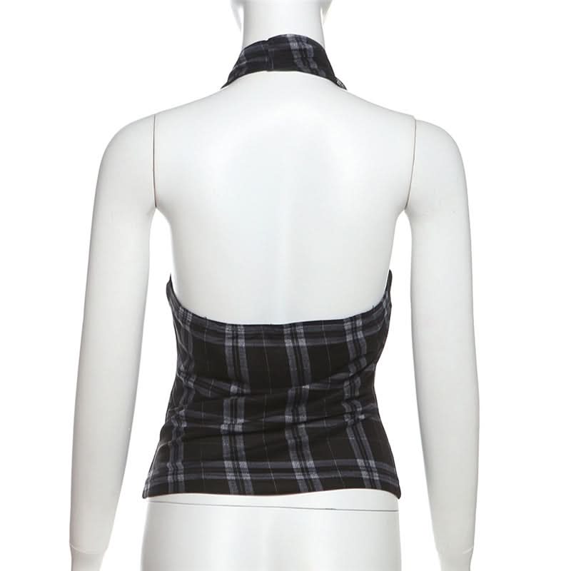 Halter cowl neck plaid backless top