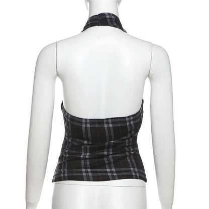 Halter cowl neck plaid backless top