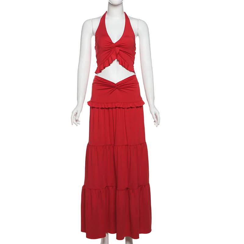 Halter ruffle backless solid maxi skirt set
