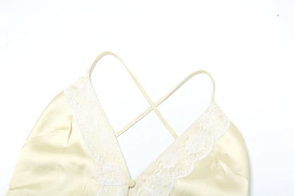 V neck satin cross back self tie cami top