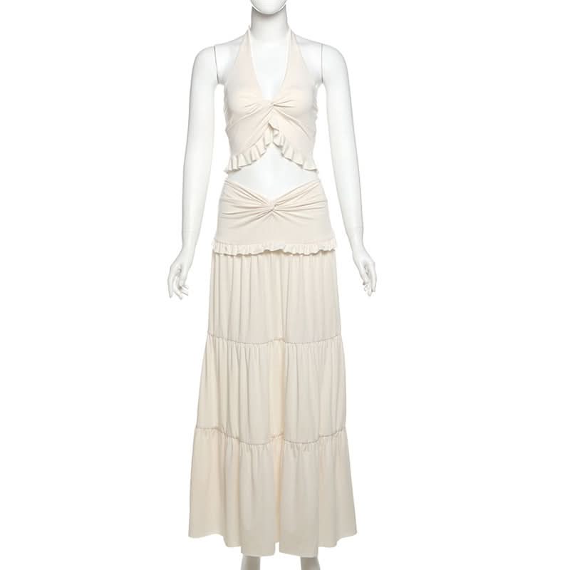 Halter ruffle backless solid maxi skirt set