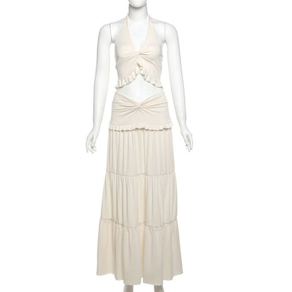 Halter ruffle backless solid maxi skirt set