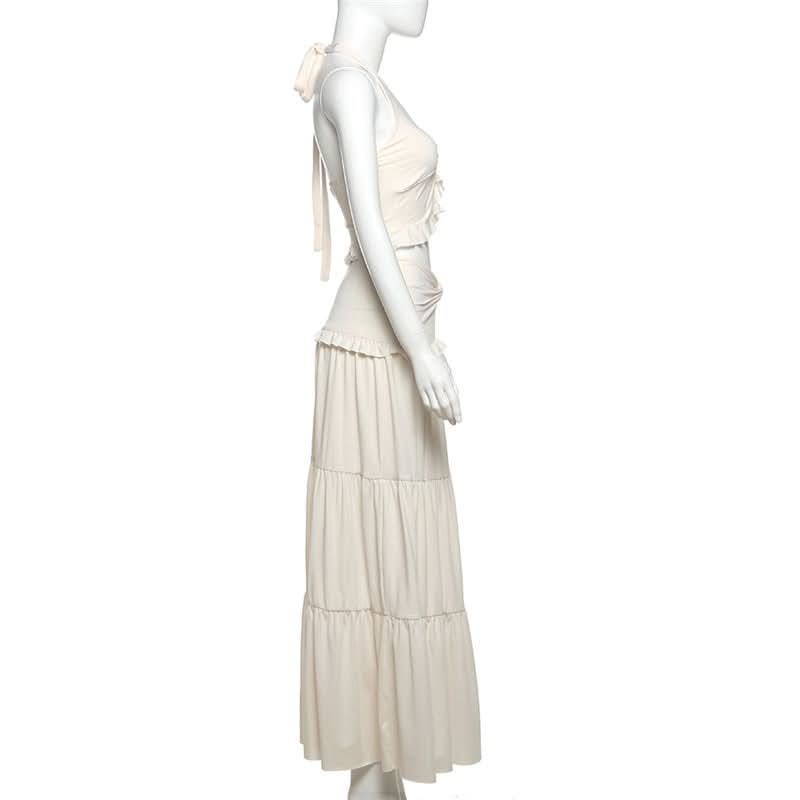 Halter ruffle backless solid maxi skirt set